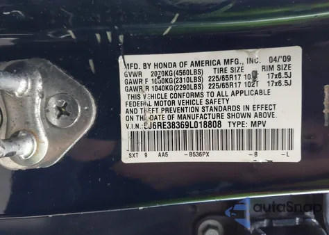 2009 Honda Cr-V Lx из США, поврежденный, VIN 5J6RE38369L018808